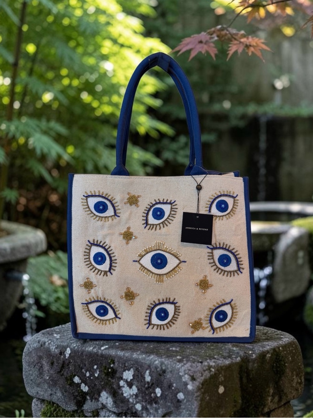 America & Beyond Blue Embroidered Eye Canvas Tote